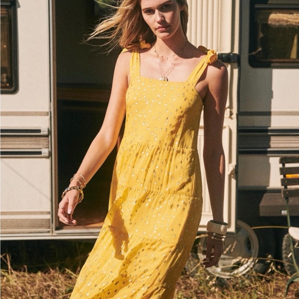 Sezane Yellow Maxi Sundress in the style of farm Rio